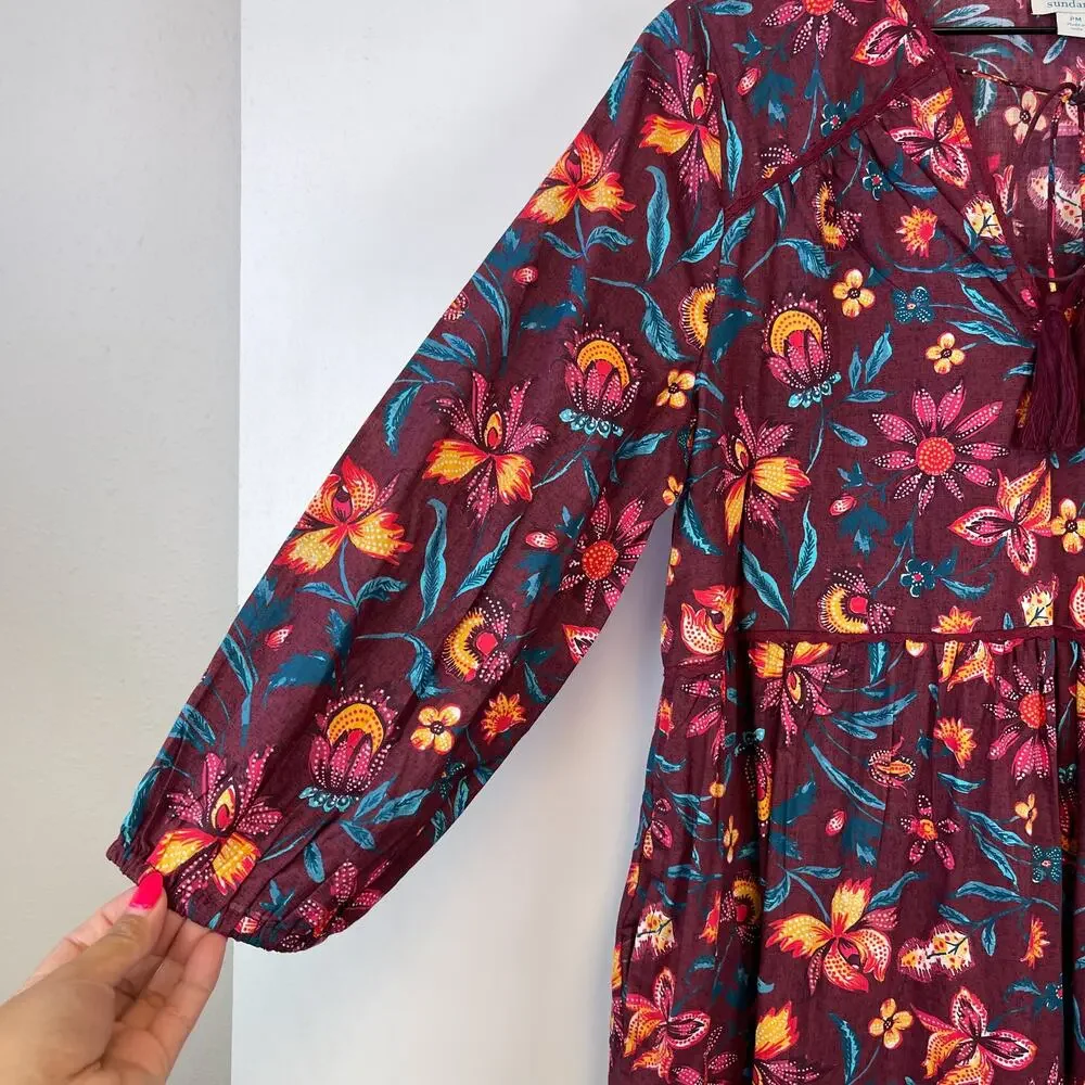 Sundance PM Petite M Cotton Floral Shift Maroon Red Dress A-Line 3/4 Sleeve - Picture 5 of 11